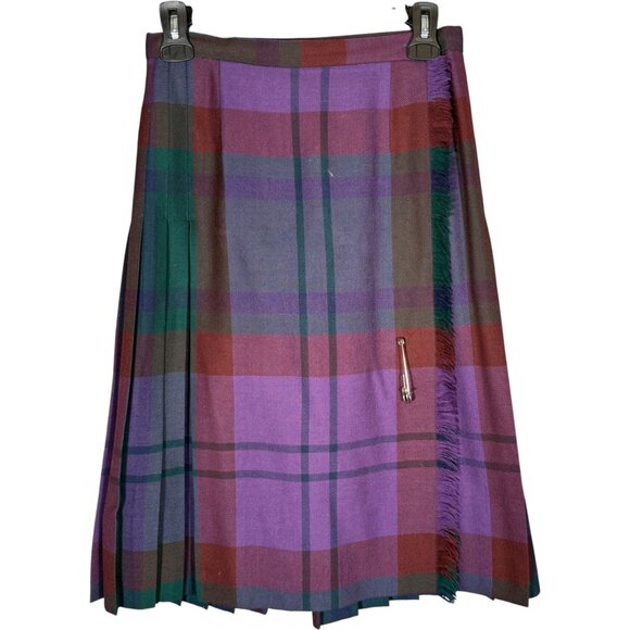 Vintage Dresses & Skirts - Vintage Highland Queen 100% Wool Purple Plaid Pleated Skirt Kilt Knee Length S
